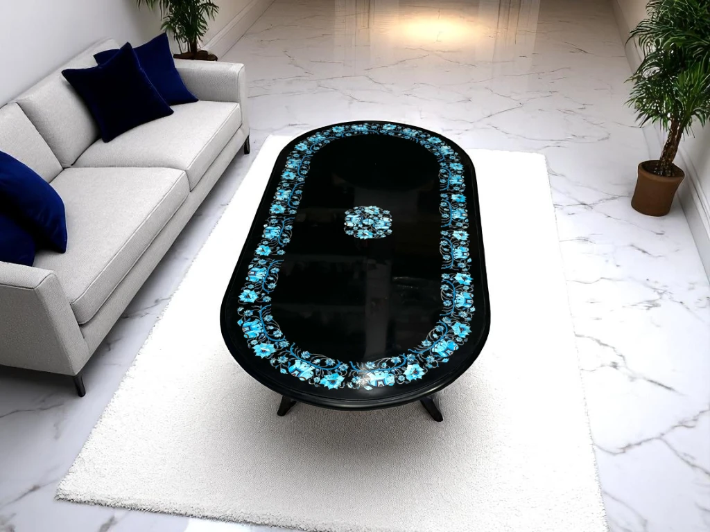 Black Marble Oval Table with Turquoise Floral Inlay